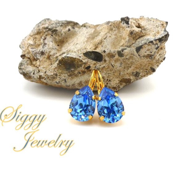 ICE Blue Sapphire Pear Shaped Earrings Made with Genuine Austrian Crystal - Picture 4 of 7